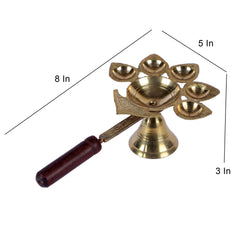 Brass Panch Aarti with Wooden Handle