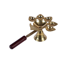 Brass Panch Aarti with Wooden Handle