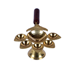 Brass Panch Aarti with Wooden Handle