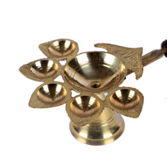 Brass Panch Aarti with Wooden Handle