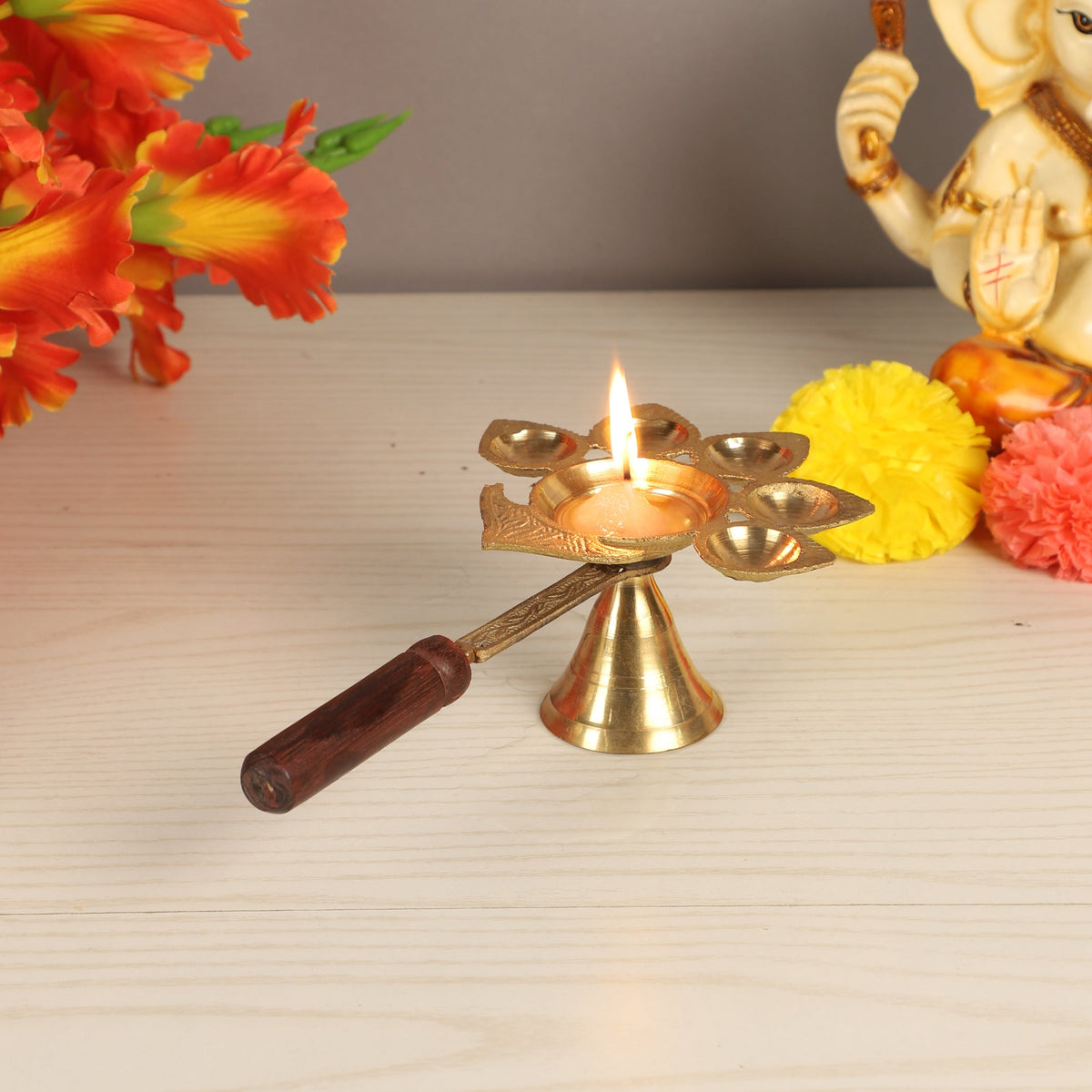 Brass Panch Aarti with Wooden Handle