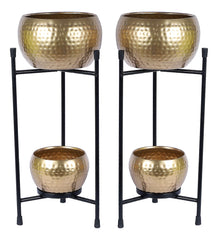 Black & Gold Double Layer Hammered Apple Planter Set of 2