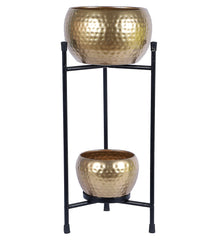 Black & Gold Double Layer Hammered Apple Planter Set of 2