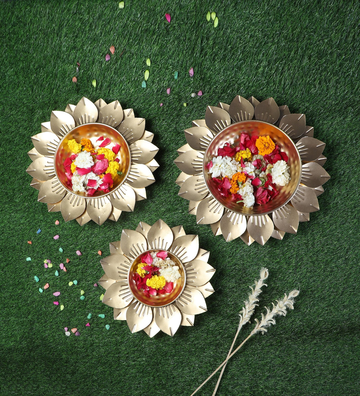 Hammered Gold FLower Urli Set of 3