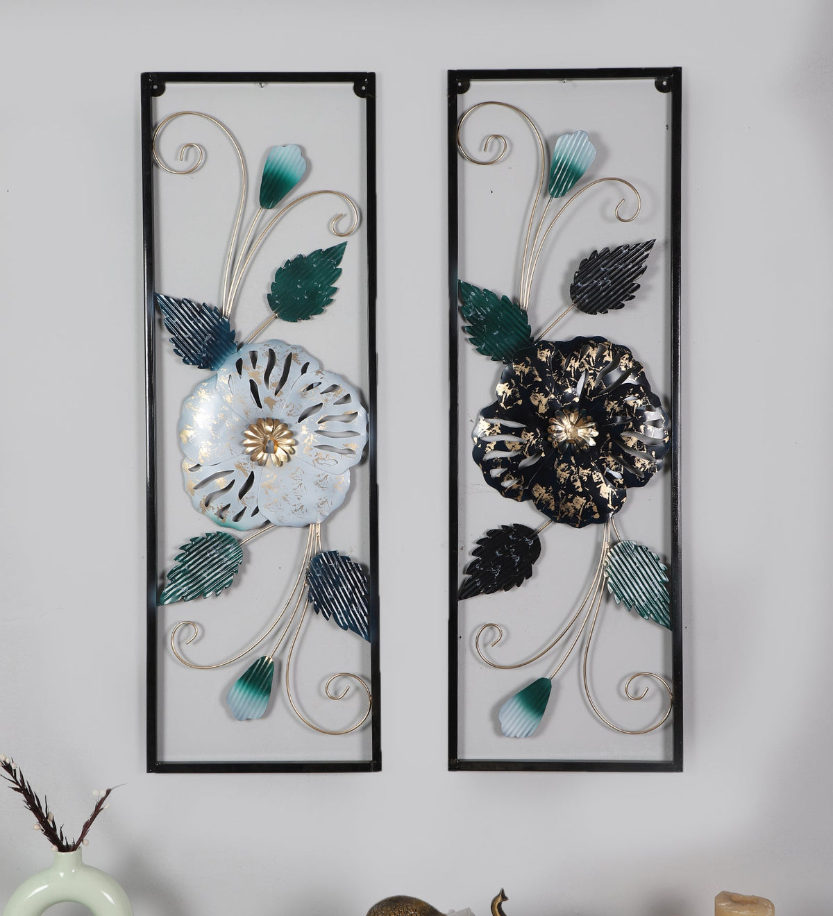 Black & Silver Etching Flower Wall Decor Set of 2