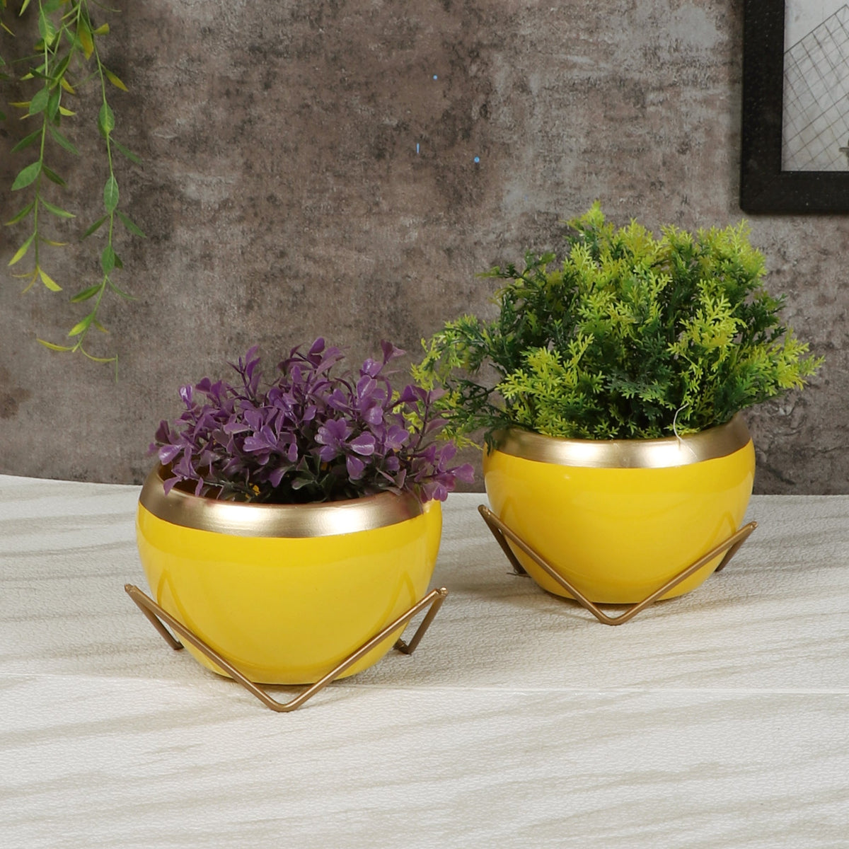 Apple Shape Metal Yellow & Gold Planter Set of 2