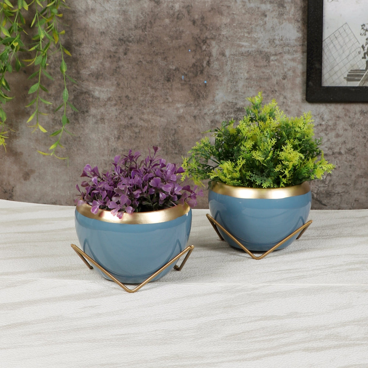 Apple Shape Metal Blue & Gold Planter Set of 2