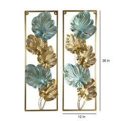 Green & Gold Etchiing Leaves Rectangular Wall  Decor Set of 2