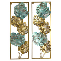 Green & Gold Etchiing Leaves Rectangular Wall  Decor Set of 2