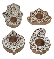 Biege & White  Mangowood Tealight Holder Set of 4