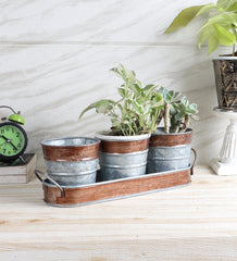 Brown & Silver Metal Table Planters with Tray Set of 4