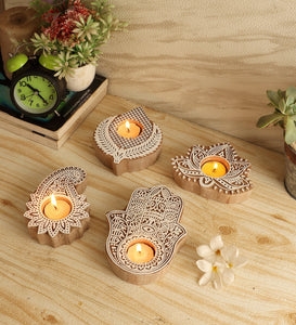 Biege & White  Mangowood Tealight Holder Set of 4