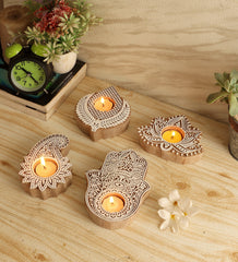 Biege & White  Mangowood Tealight Holder Set of 4