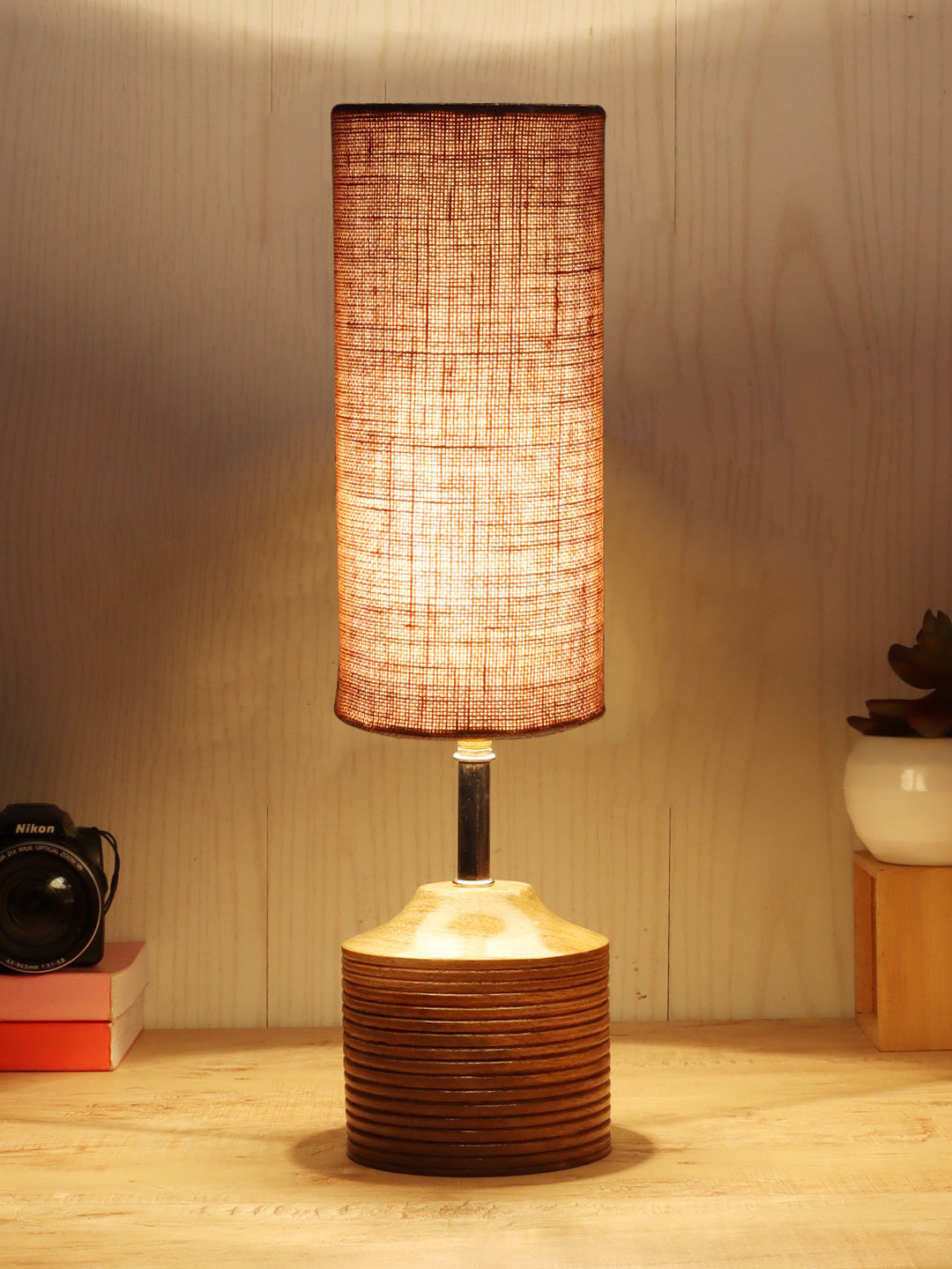 Wood Table Lamp with Beige Jute Shade (AEAP11)