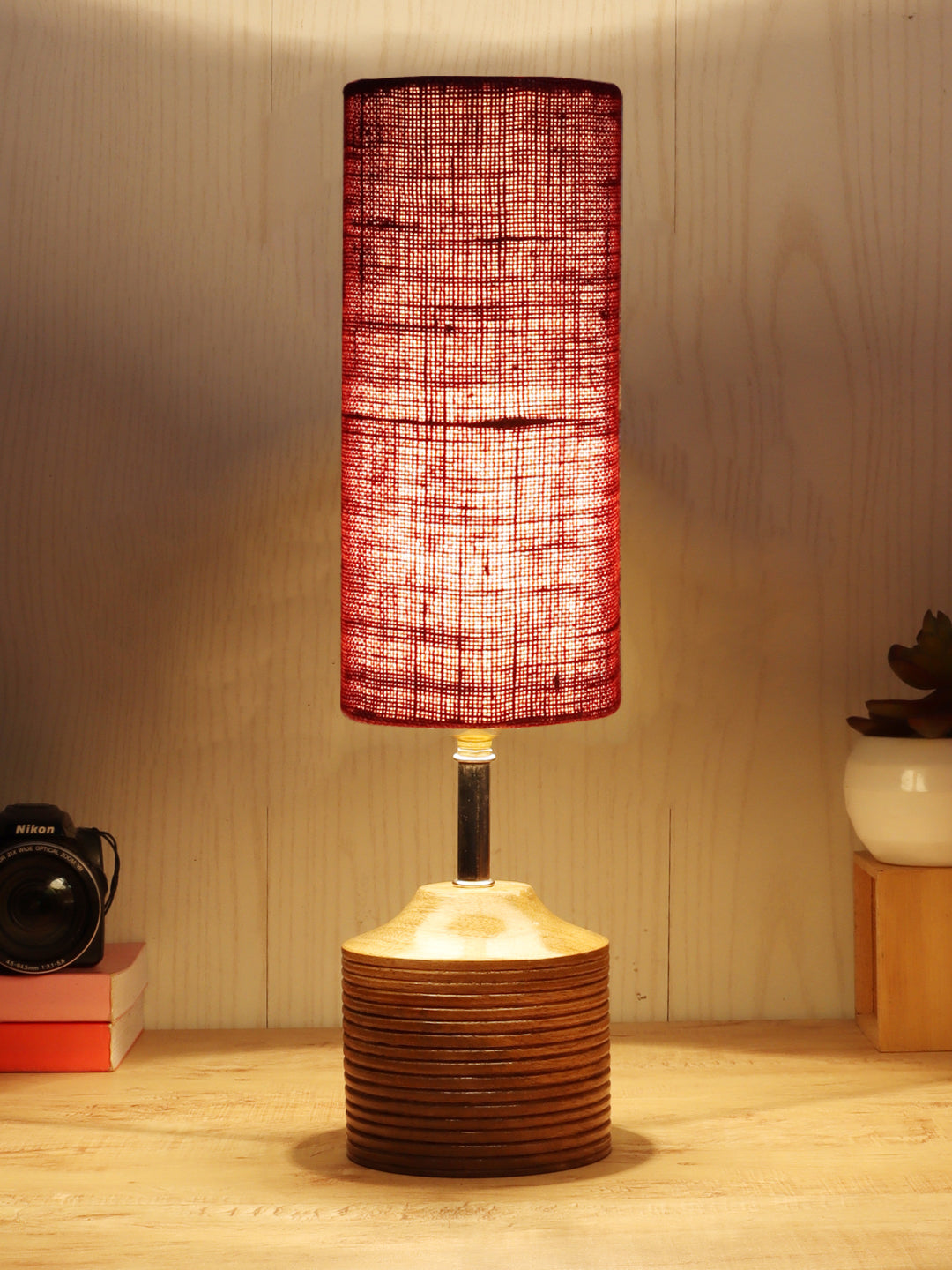 Wood Table lamp with Maroon  Jute Shade (AEAP14)