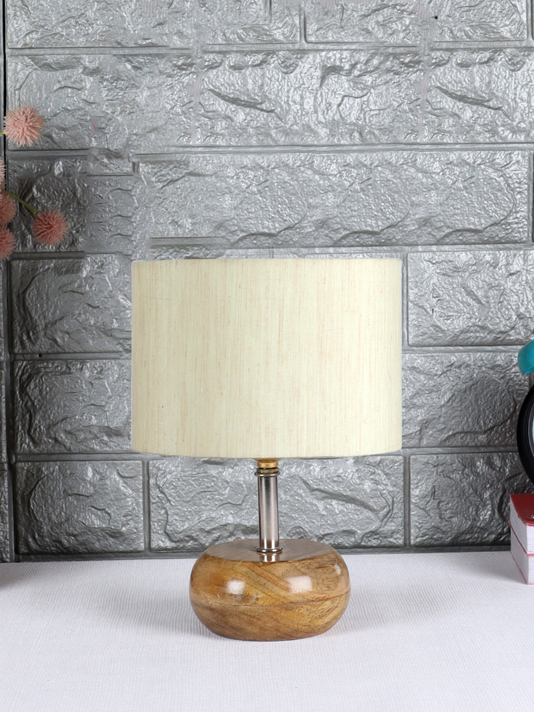 Off-White Cotton Shade with Wood Lamp Base (AC)