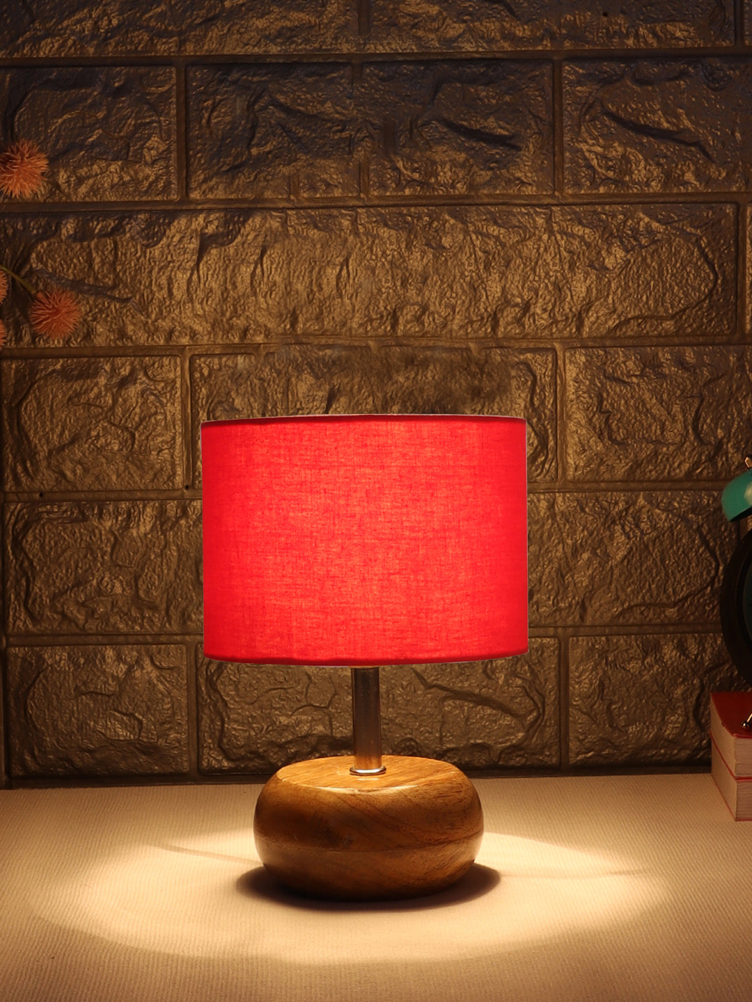 Red Cotton Shade with Wood Lamp Base (AE)