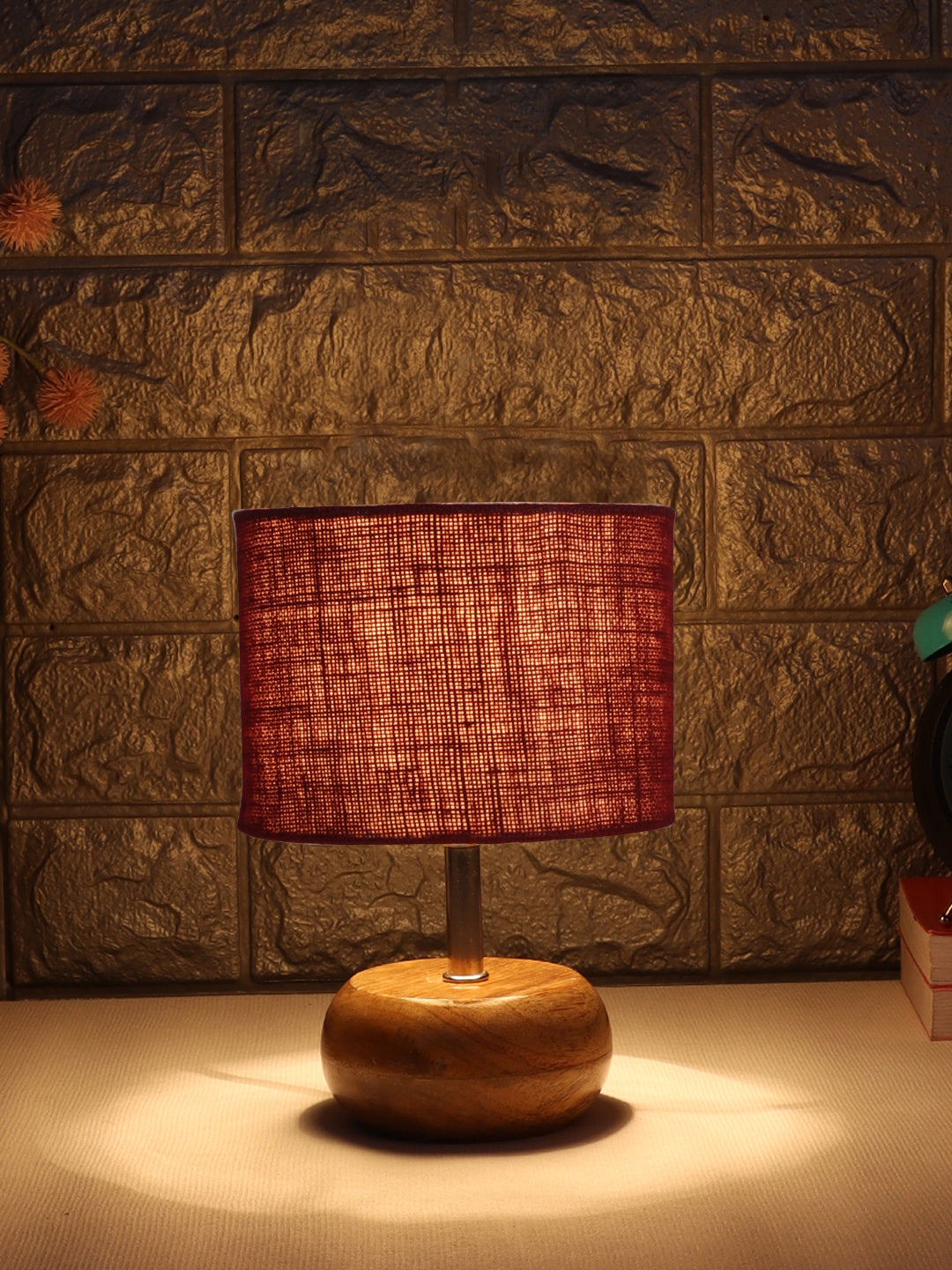 Maroon Jute Shade with Wood Lamp Base (YU)