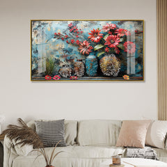 3D Textured Floral Acrylic Painting - Red Flowers in Rustic Vases Wall Painting