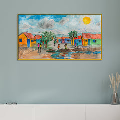 Colorful Village Scenery with sun rising canvas printed Wall Painting