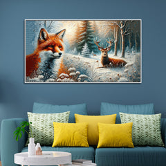 Snow-Covered Wilderness: Fox & Deer Canvas Print Wall Painting