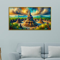 Beautiful Island Abbey with Colorful Clouds and Reflections Canvas Print Wall Art