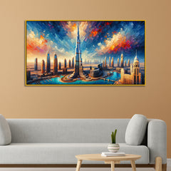 Modern Skyline with Burj Khalifa and Colorful Sky Canvas Print Wall Painting