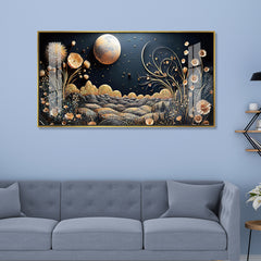 Gold Moon and Floral Night Landscape Acrylic Wall Art | Luxury Dark Background Painting