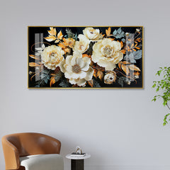 Luxury White and Gold Textured Floral Acrylic Wall Art on Black Background