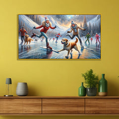 Frozen Lake Adventures: Couple and Dogs in a Winter Wonderland Lake Canvas Print Wall Painting