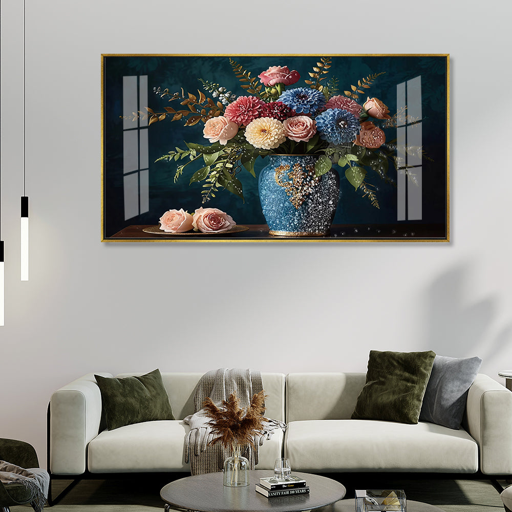 Elegant Floral Still Life Canvas Art | Romantic Bouquet in Blue Vase Wall Decor