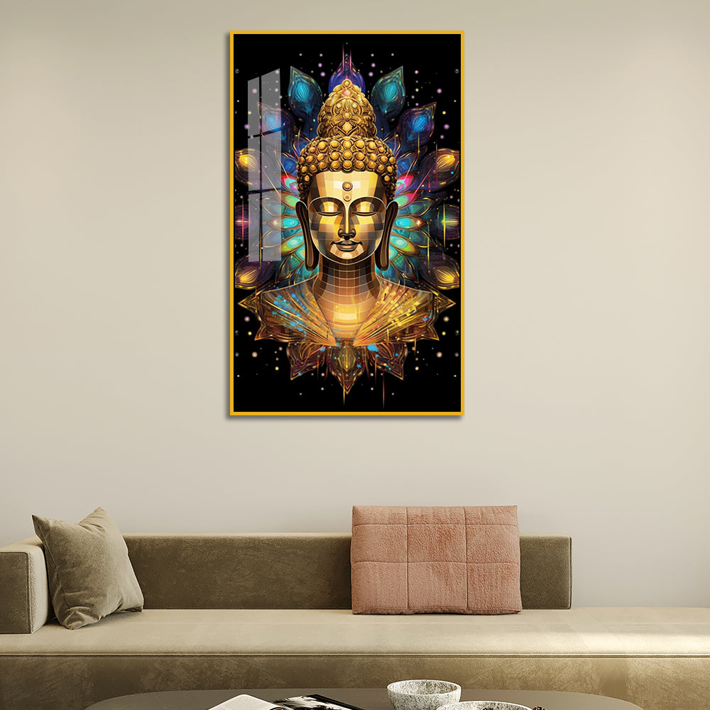 Abstract Golden Buddha Bust Acrylic Wall Paintings with Lotus Aura