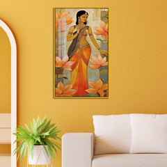 Traditional Indian Woman with Orange Lotus Acrylic Wall Paintings