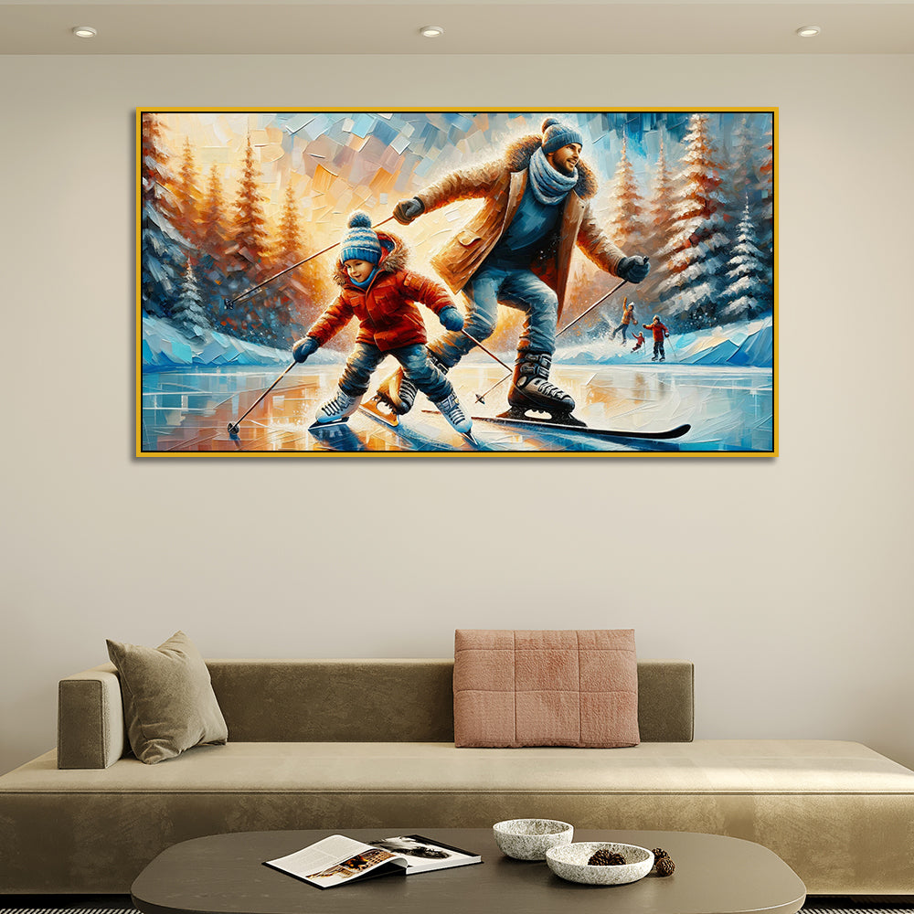 Ice Skates and Skis: Winter Fun, Father & Child on Frozen Lake Canvas Print Wall Painting