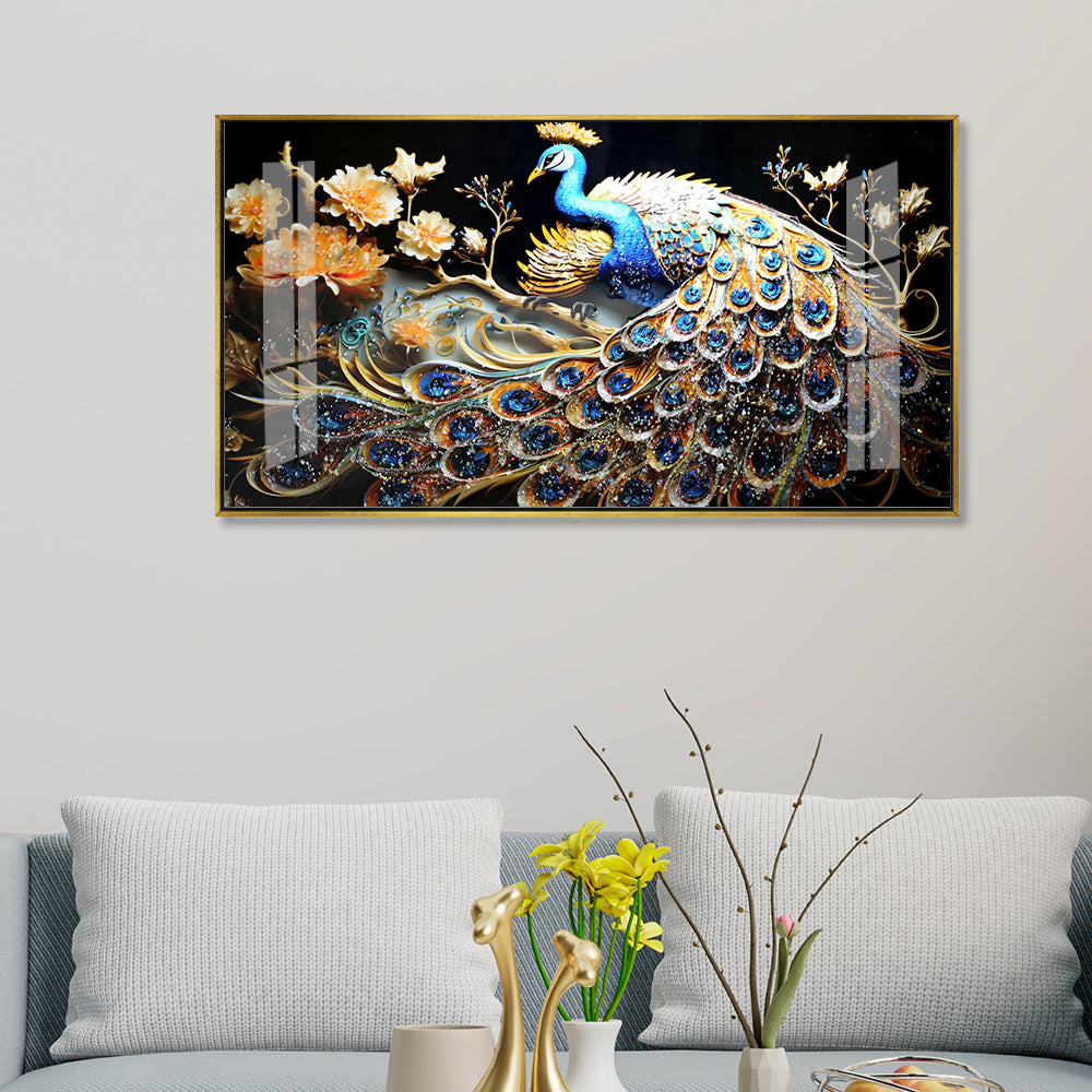 Luxury 3D Textured Peacock Wall Art | Blue and Gold Bird Canvas Painting