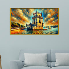Historic Belém Tower by the Water with Dramatic Sky Canvas Print Wall Painting