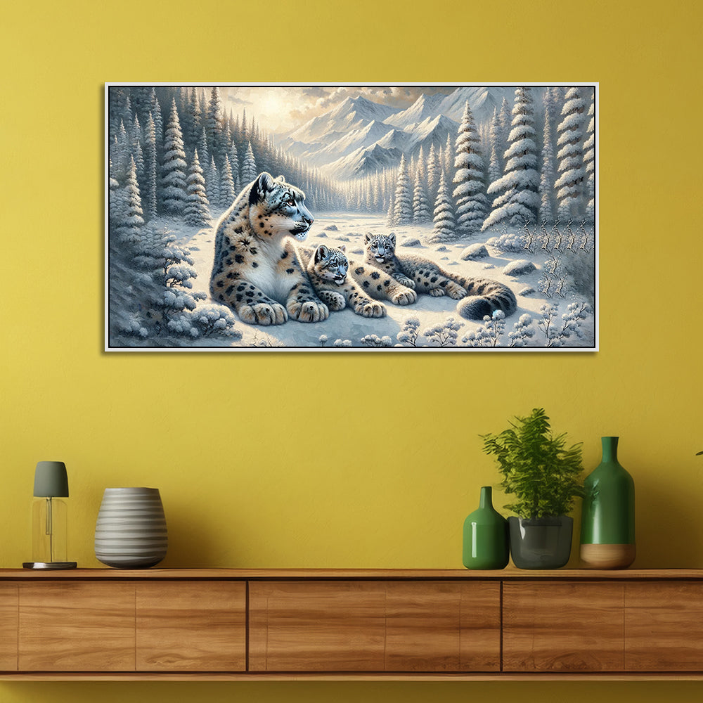 Winter Guardians: Snow Leopard Family Canvas Print Wall Painting