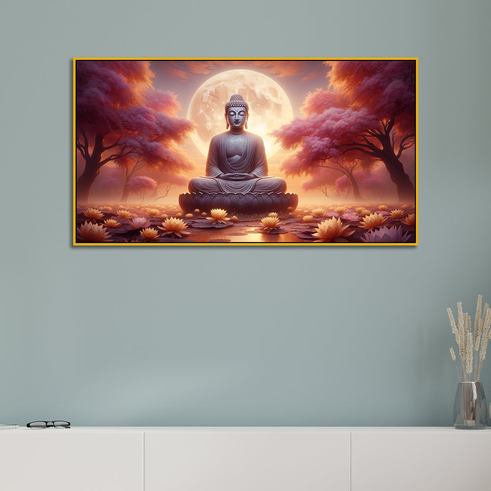 Meditating Gautam Buddha  with Moonlight Garden Canvas Print Wall Painting