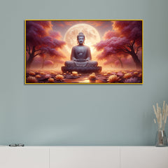 Meditating Gautam Buddha  with Moonlight Garden Canvas Print Wall Painting