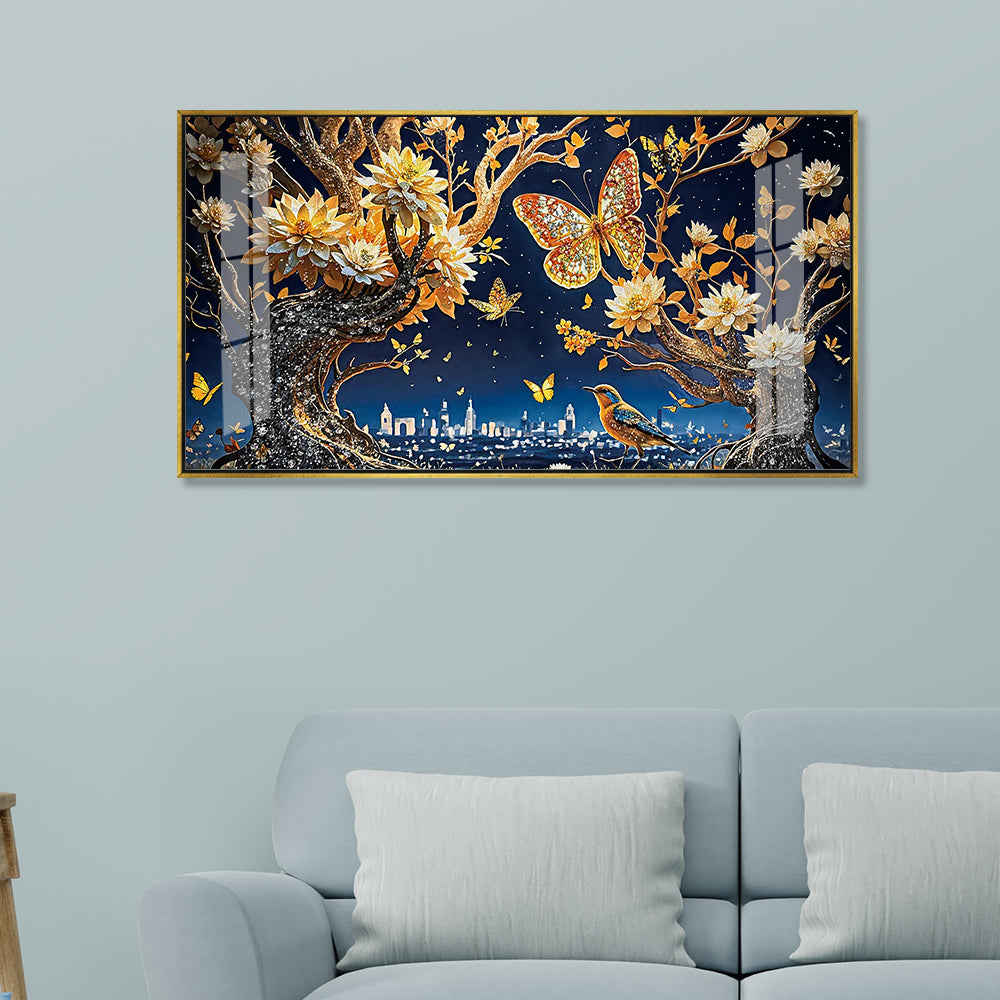 Butterfly and Tree Wall Decoration | Luxury 3D Floral Night Fantasy Acrylic Painting