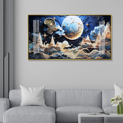 Luxury Fantasy Moonscape Acrylic Wall Art | Blue and Gold Cityscape Dream Painting