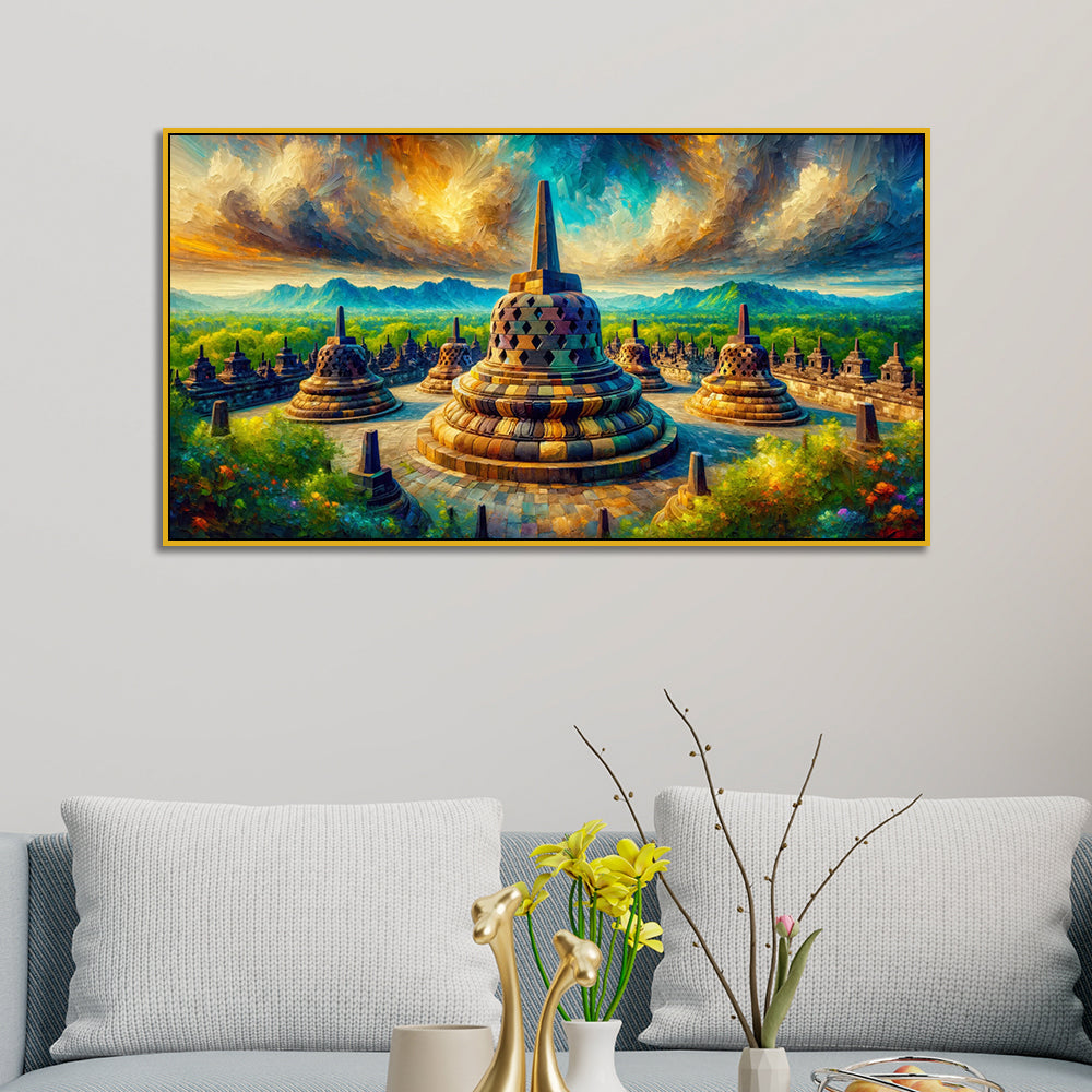 Beautiful Island Abbey with Colorful Clouds and Reflections Canvas Print Wall Art