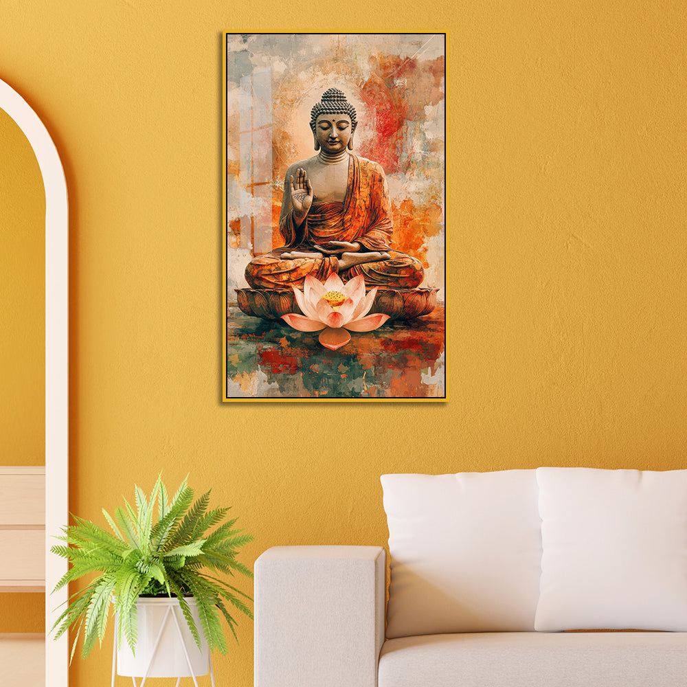Meditating Buddha Acrylic Wall Paintings on Lotus with Abstract Background