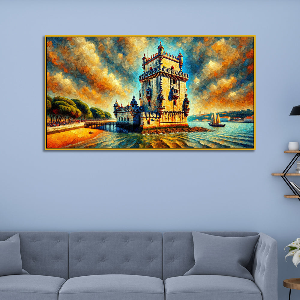 Historic Belém Tower by the Water with Dramatic Sky Canvas Print Wall Painting
