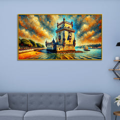Historic Belém Tower by the Water with Dramatic Sky Canvas Print Wall Painting