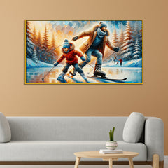 Ice Skates and Skis: Winter Fun, Father & Child on Frozen Lake Canvas Print Wall Painting