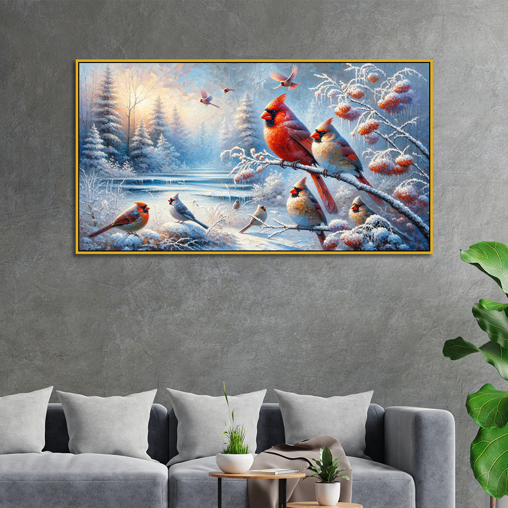 Crimson Birds on Frosted Branches Canvas Print Wall Painting