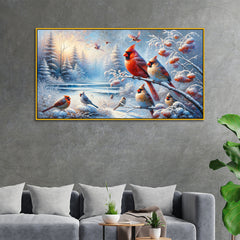Crimson Birds on Frosted Branches Canvas Print Wall Painting