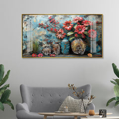 3D Textured Floral Acrylic Painting - Red Flowers in Rustic Vases Wall Painting