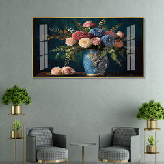 Elegant Floral Still Life Canvas Art | Romantic Bouquet in Blue Vase Wall Decor